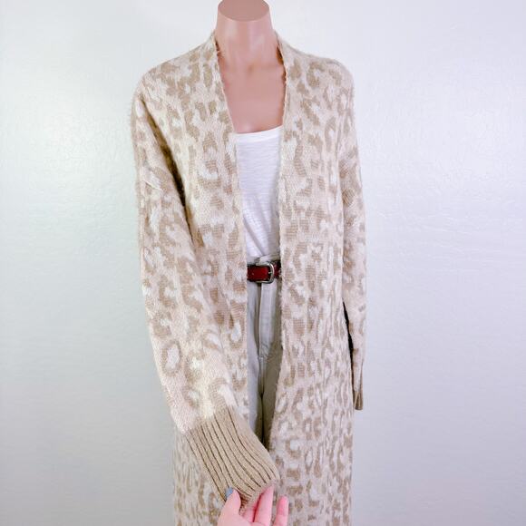 Topshop Leopard Animal Print Longline Open Front Cardigan Duster Tan Cream 4 6 - Picture 1 of 11